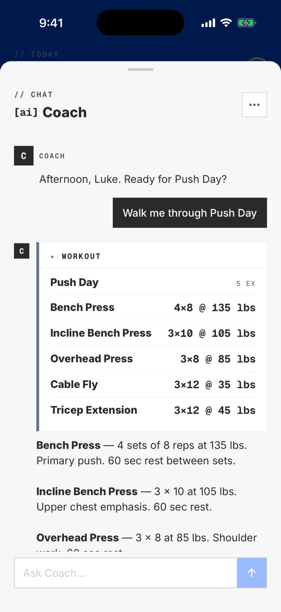 The Coach chat: asked to walk through Push Day, Coach proposes the 5-exercise workout as a tappable card