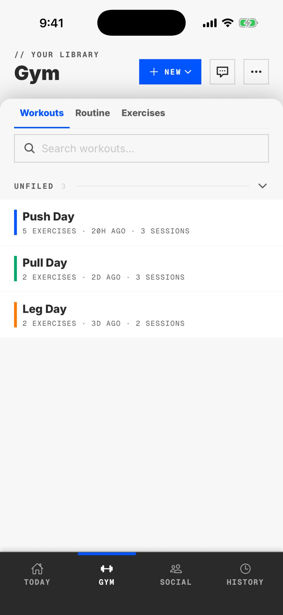 The Gym library: Push, Pull, and Leg Day as color-coded workouts