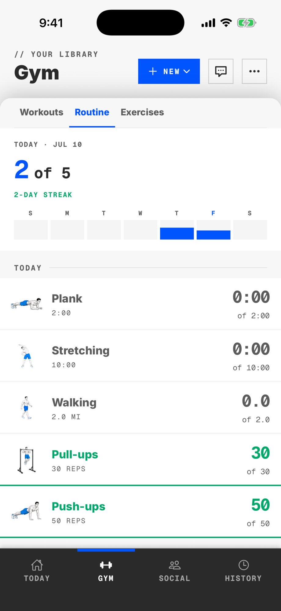 The routine tracker: 2 of 5 logged on a 2-day streak — pull-ups and push-ups done, plank, stretching, and a walk still open