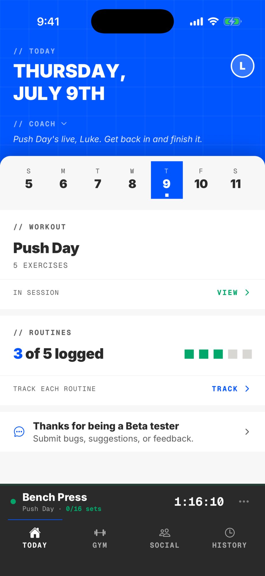 The NOWISLIFE Today screen: Push Day in session, 3 of 5 routines logged, and a line from Coach