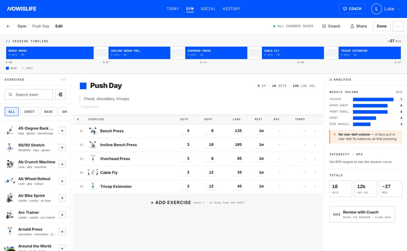 The web builder editing Push Day: the exercise shelf, a sets/reps/load/rest/RPE/tempo grid, a session timeline, and live muscle-volume analysis
