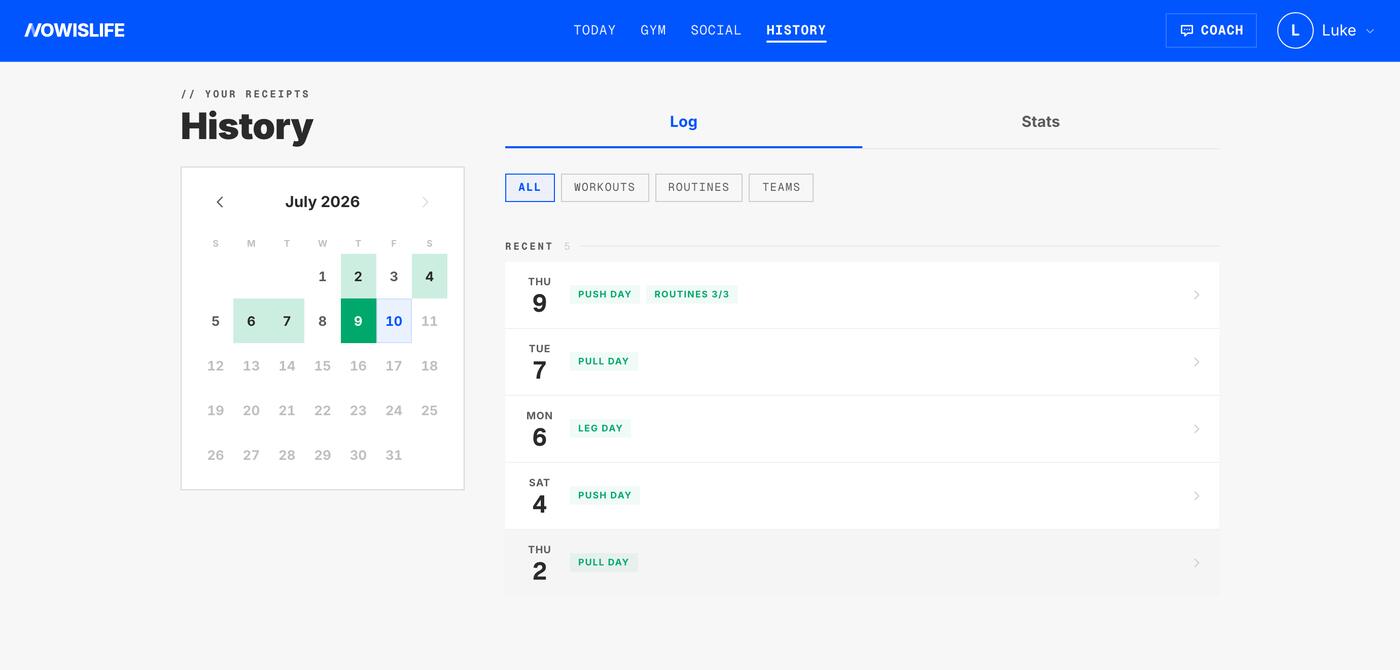 Training history on the web: a month calendar of logged days with session receipts
